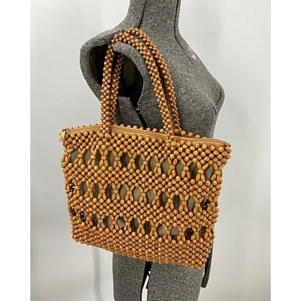 Vintage Wood Bead Boho Granny Core Bohemian Shoulder Bag Purse